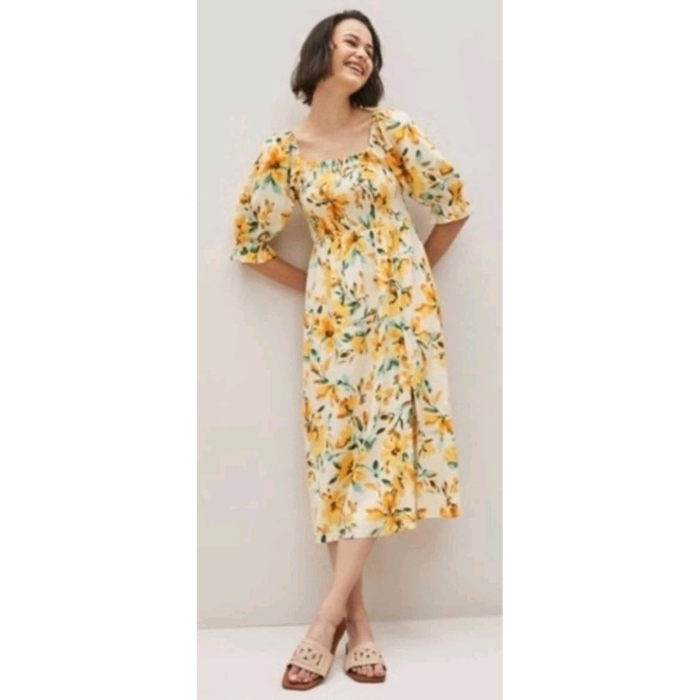 039. Gap Women's Linen-Blend Puff Sleeve Midi Dress Size Petite M - gap